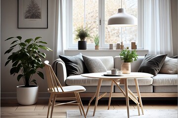 Fototapeta premium Scandinavian interior design, minimalism, japandi style, living room interior. Generative AI.