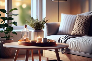 Fototapeta na wymiar Scandinavian interior design, minimalism, japandi style, living room interior. Generative AI.