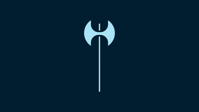 White Medieval axe icon isolated on blue background. Battle axe, executioner axe. Medieval weapon. 4K Video motion graphic animation
