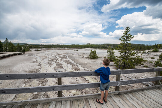 Boy looking at view of lower Norris Geyser Basin from boardwalk, Yellowstone National Park, Wyoming, USA