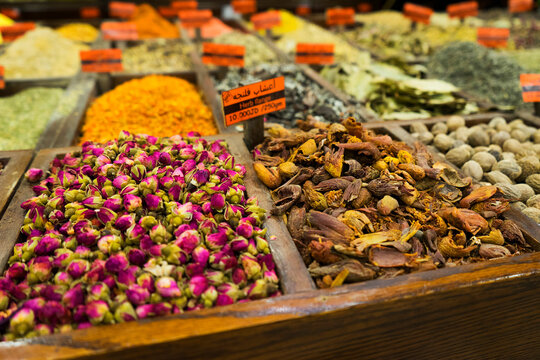 Dried flowers on display for sale at a Spice Market in Amman, Jordan