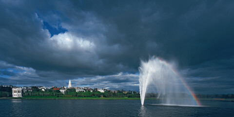 The city pond with a fontain in Reykjavik - the captitol of Iceland