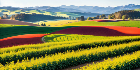 farm in farmland with a field of flowers and mountains in the background, with rolling hills and immaculate rows of crops