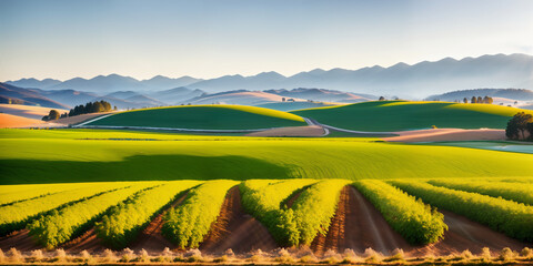 farm in farmland with a field of flowers and mountains in the background, with rolling hills and immaculate rows of crops