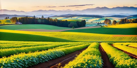 farm in farmland with a field of flowers and mountains in the background, with rolling hills and immaculate rows of crops