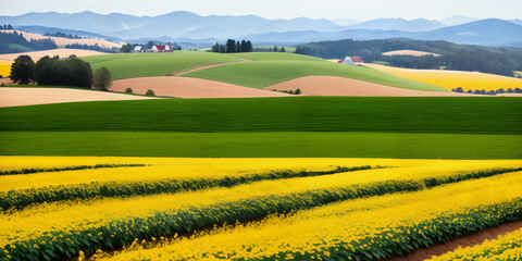 farm in farmland with a field of flowers and mountains in the background, with rolling hills and immaculate rows of crops