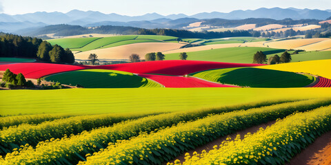 farm in farmland with a field of flowers and mountains in the background, with rolling hills and immaculate rows of crops
