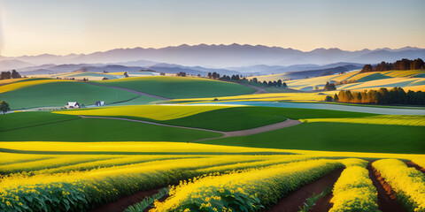 farm in farmland with a field of flowers and mountains in the background, with rolling hills and immaculate rows of crops