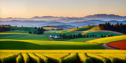 farm in farmland with a field of flowers and mountains in the background, with rolling hills and immaculate rows of crops