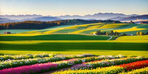 farm in farmland with a field of flowers and mountains in the background, with rolling hills and immaculate rows of crops