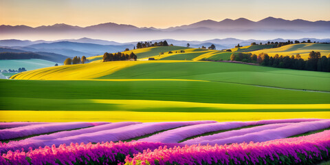 
farm in farmland with a field of flowers and mountains in the background, with rolling hills and immaculate rows of crops.