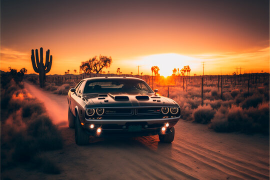 dodge challenger 1970, muscle car in the desert at sunset background, auto industry classic