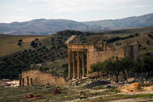 The lush countryside surrounding the Roman Capitol at Dougga (Thugga), a UNESCO World Heritage Site, the best-preserved Roman town in North Africa.