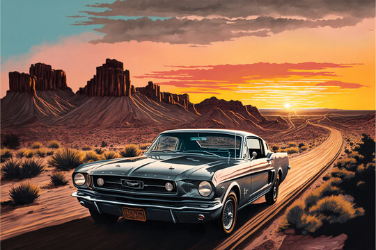 Ford Mustang , American Muscle Car in the desert at sunset © Art Gallery