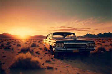 Fototapeta na wymiar Muscle car in the desert at sunset background, auto industry classic, retro car, generated ai