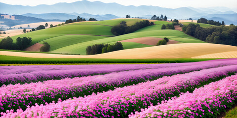 
farm in farmland with a field of flowers and mountains in the background, with rolling hills and immaculate rows of crops.