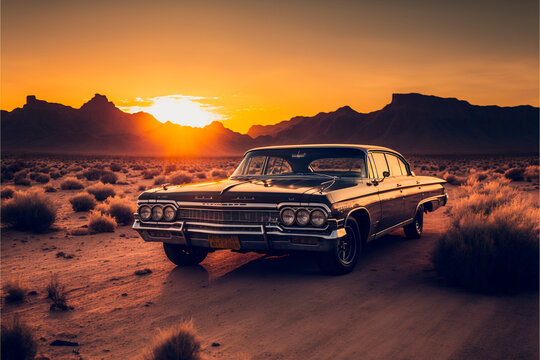 Muscle car in the desert at sunset background, auto industry classic, retro car, generated ai