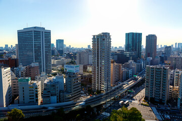 Skyscrapers and highways through Minato, Tokyo, Japan