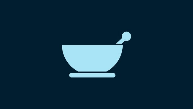 White Mortar and pestle icon isolated on blue background. 4K Video motion graphic animation