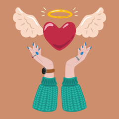 Obraz premium Heart in hands. Hand holding heart flat vector illustration. A flying heart with angel wings in hands. Valentine's day. Cute illustration for a print.