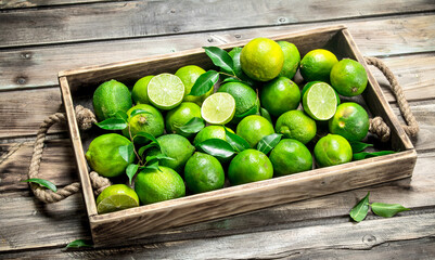 Fresh green limes with leaves on a tray.