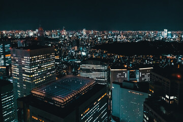 Fototapeta na wymiar Skyscrapers towering above the night cityscape of Nishi-Shinjuku, Tokyo, Japan