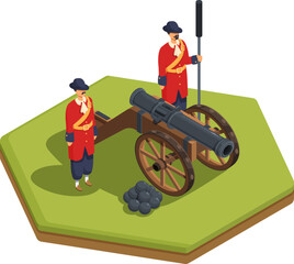 isometric old soldiers with cannon, vector illustration
