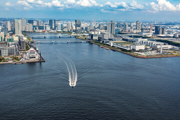 Aerial view of boats in Odaiba Harbor in Tokyo, Japan