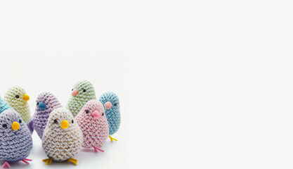 Cute knitted Easter chicken in pastel colors, background/wallpaper/card, isolated on white with empty space for text and additional images