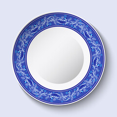 Boho white plate with dark blue Decor for interior decoration, table setting. Stylized classic cobalt painting on porcelain. Isolated dish, menu design ethnic plates.