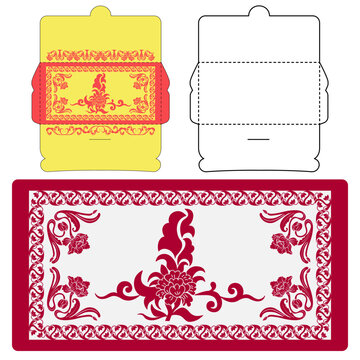 Chinese New Year Money Red Envelope Ang Pau Packet with Die cut Horizontal Layout decorated of oriental flower ornaments Set of sample design, card cover background blank template