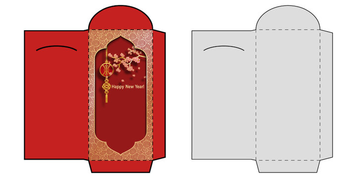 Chinese New Year Money Red Packet Ang Pau Design Envelope with Die cut. Vertical Layout with a cherry blossom branch and hanging oriental festive decoration