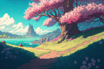 Fototapeta na wymiar beautiful spring landscape, scenery, tree, sakura, art illustration
