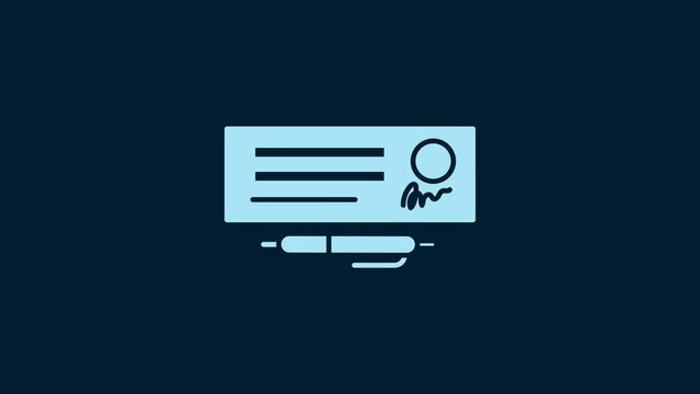 White Blank template of the bank check and pen icon isolated on blue background. Checkbook cheque page with empty fields to fill. 4K Video motion graphic animation