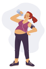 Young pregnant woman in sportswear drinks water. Prenatal sport exercise outside. Happy motherhood healthy lifestyle