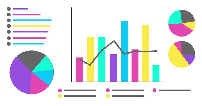 Animated Infographics set. Animation of six different charts and graphs in bright color isolated on white background. High quality 4k motion design.