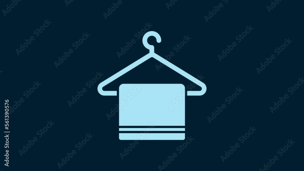 Sticker White Towel on a hanger icon isolated on blue background. Bathroom towel icon. 4K Video motion graphic animation