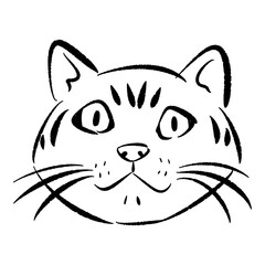 hand drawn illustration of cat face with bulging eyes. line art, black outline. cute kitten cartoon character. doodle sketch. Perfect for print, poster, greeting card.