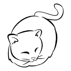 hand drawn illustration of sleeping cat in cute pose. line art, black outline. cute kitten cartoon character. doodle sketch. Suitable for print, sticker, poster.