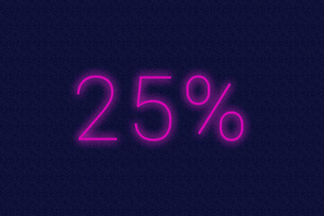 25% percent logo. twenty-five percent neon sign. Number twenty-five on dark purple background. 2d image