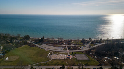 Aerial view of Paradise Park on the coast of Lake Ontario in Ajax Ontario