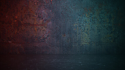 Empty rusty colorful wall on dark background 3D