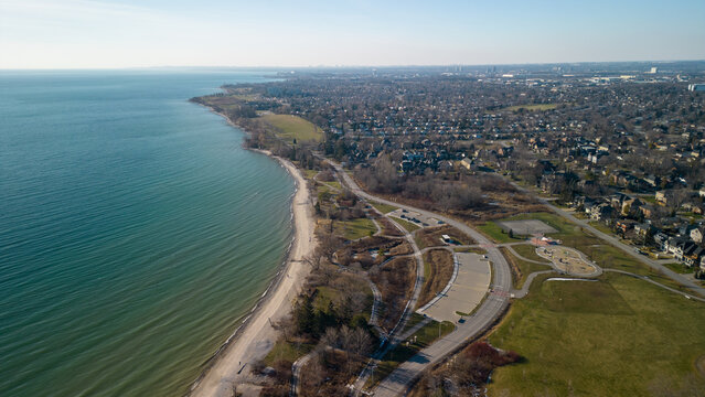 Aerial view of Paradise Park on the coast of Lake Ontario in Ajax Ontario