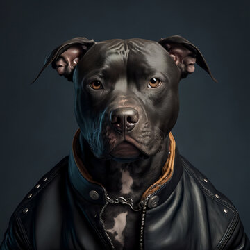 portrait of a black Pitbull dog wearing a black leather jacket, black background. Generative AI