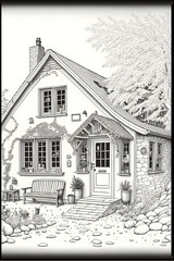 drawing of a house colouring book style, cozy home, colouring Page, coloring page
