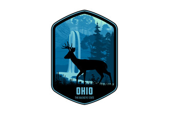 Ohio vector label with white-tailed deer near Ash Cave in Hocking Hills State Park
