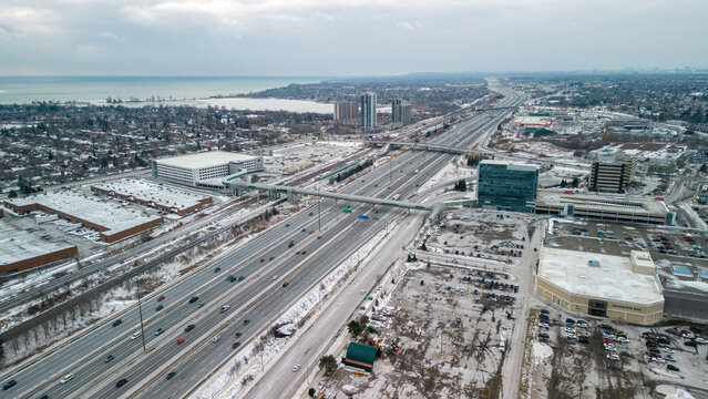 Aerial View Of The 401 Highway In Pickering Ontario Near Pickering Go Station And Pickering Town Center