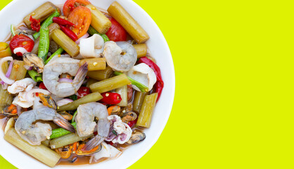 Lotus stem spicy salad with seafood. Thai food recipes