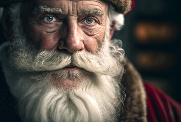 Santa Claus with long gray beard, close-up of face and eyes and beard. a relaxed expression on old Santa's face. Generative AI