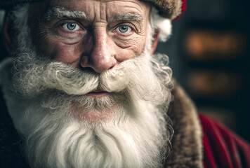 the smiling and friendly Santa Claus with a long gray beard, close-up of the face and eyes and beard. a relaxed expression on old Santa's face. Generative AI
